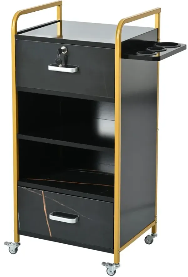 Locking Salon Storage Cabinet, Beauty Barber Salon Styling Station Organizer Equipment With 3 Hair Dryer Holder, 2 Drawers For Beauty Spa Barber Shop - Black