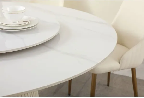 Modern Sintered Stone Dining Table With Turntable And Wood Metal Pedestal With 4 Chairs - Beige / White