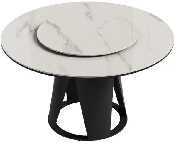 Modern Sintered Stone Dining Table With Round Turntable And Metal Pedestal - White