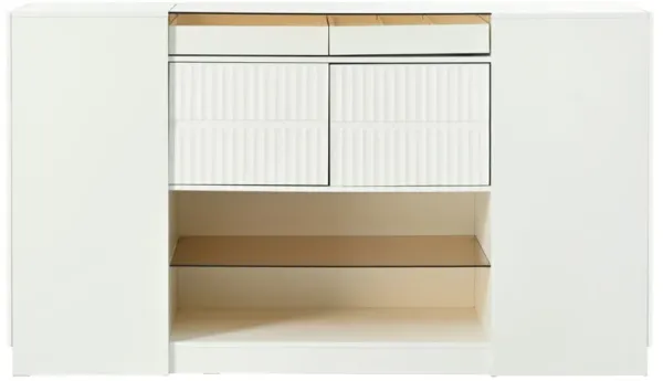 Modern Luxury Multi-Functional Island Vanity Dresser And Storage Cabinet With Glass Tabletop, Display Shelf, 6 Drawers For Walk In Wardrobe And Bedroom - Cream White