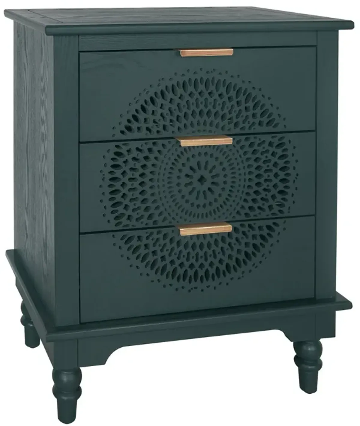 Hollow Carved 3 Drawer Dresser With Metal Handles, Storage Chest For Living Room Or Bedroom - Blackish Green