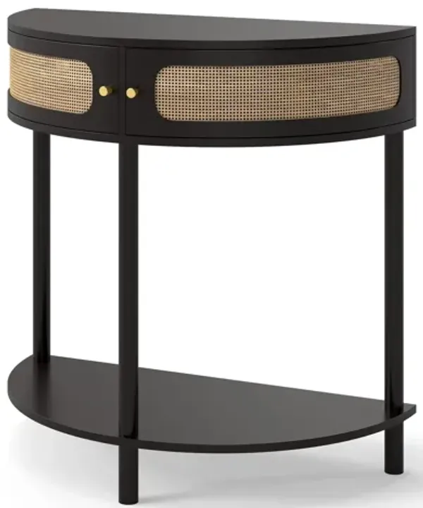 Boho Rattan Semi Circle End Table With Sliding Rattan Door, Storage And Bottom Shelf