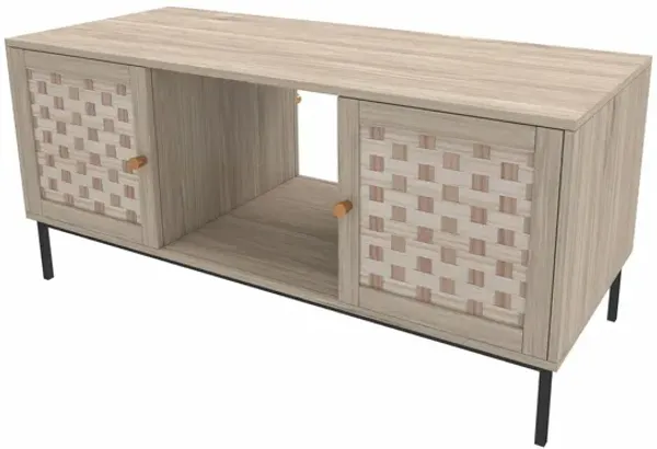 Elegant Veener Weaving Design Coffee Table With 4 Sliding Doors - Natural Wood