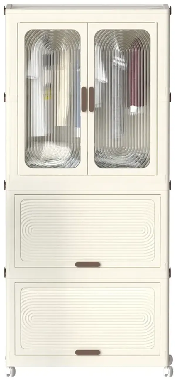 Portable Wardrobe Closet Storage Organizer With Magnetic Doors And Hanging Rod - Cream White