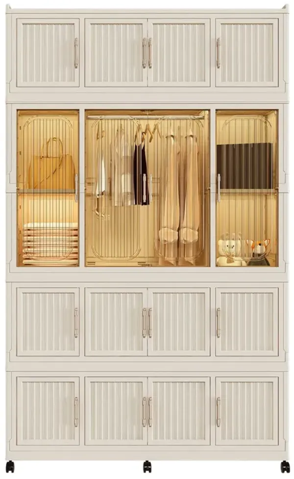 Portable Wardrobe Closet Storage Organizer With Magnetic Doors, Polypropylene - Cream White