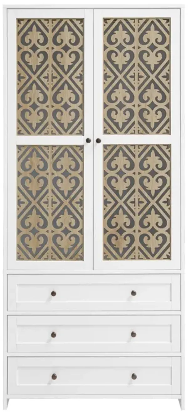 Hollow Pattern 2 Door 3 Drawer Wardrobe, The Collision Of Wood Color, Suitable For Bedrooms And Dressing Rooms - White
