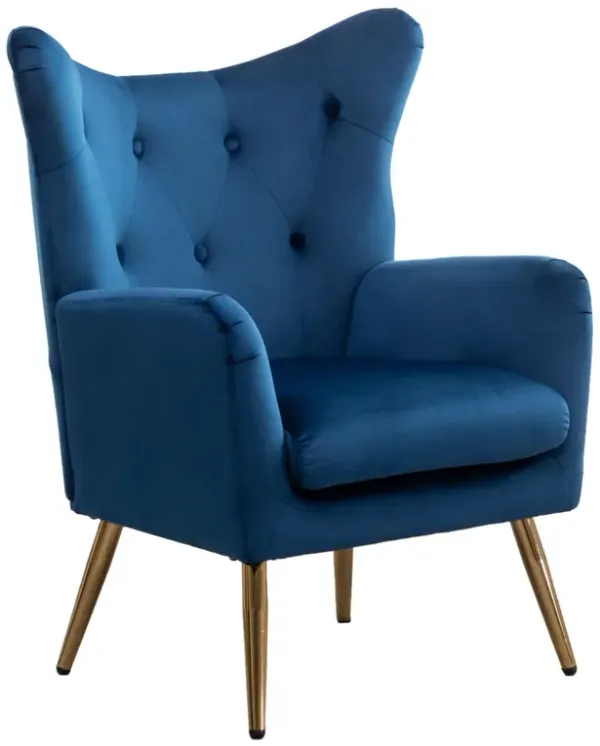 Sovarol - Velvet Button-Tufted Wing Back Accent Chair - Blue