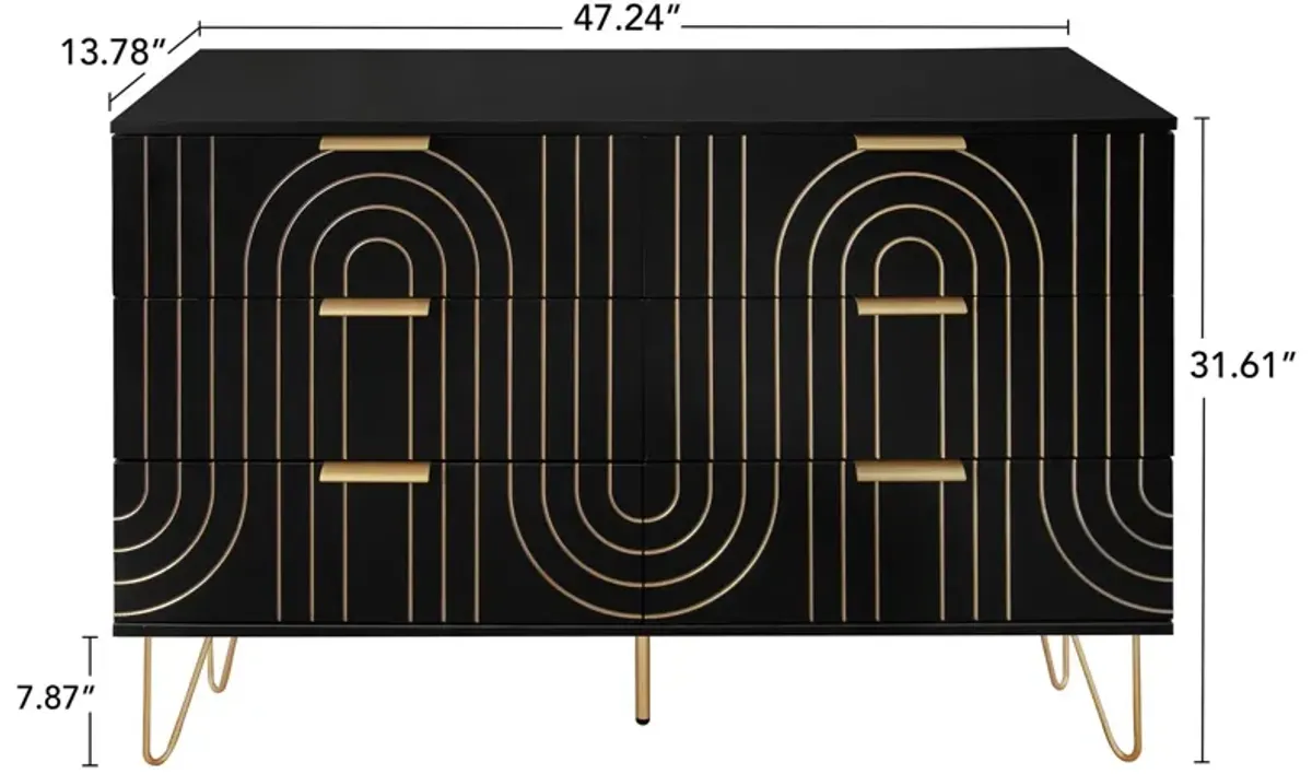 Modern 6 Drawer Dresser, Modern Dresser With Metal Handles, Storage Chest Of Drawer, Wide Dresser Drawer Organizers With Carving Design For Bedroom, Living Room, Hallway - Black