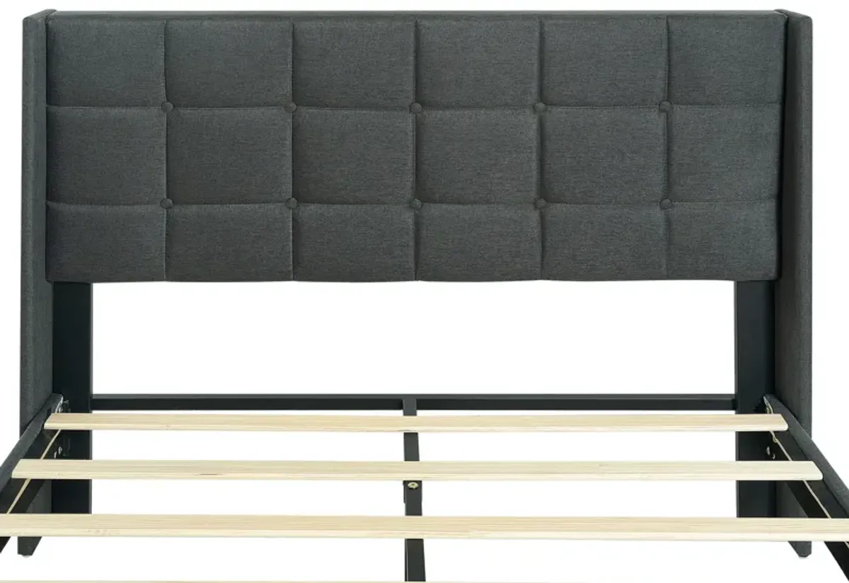 Queen Size Upholstered Platform Bed Frame With Button Tufted Linen Fabric Headboard - Dark Gray