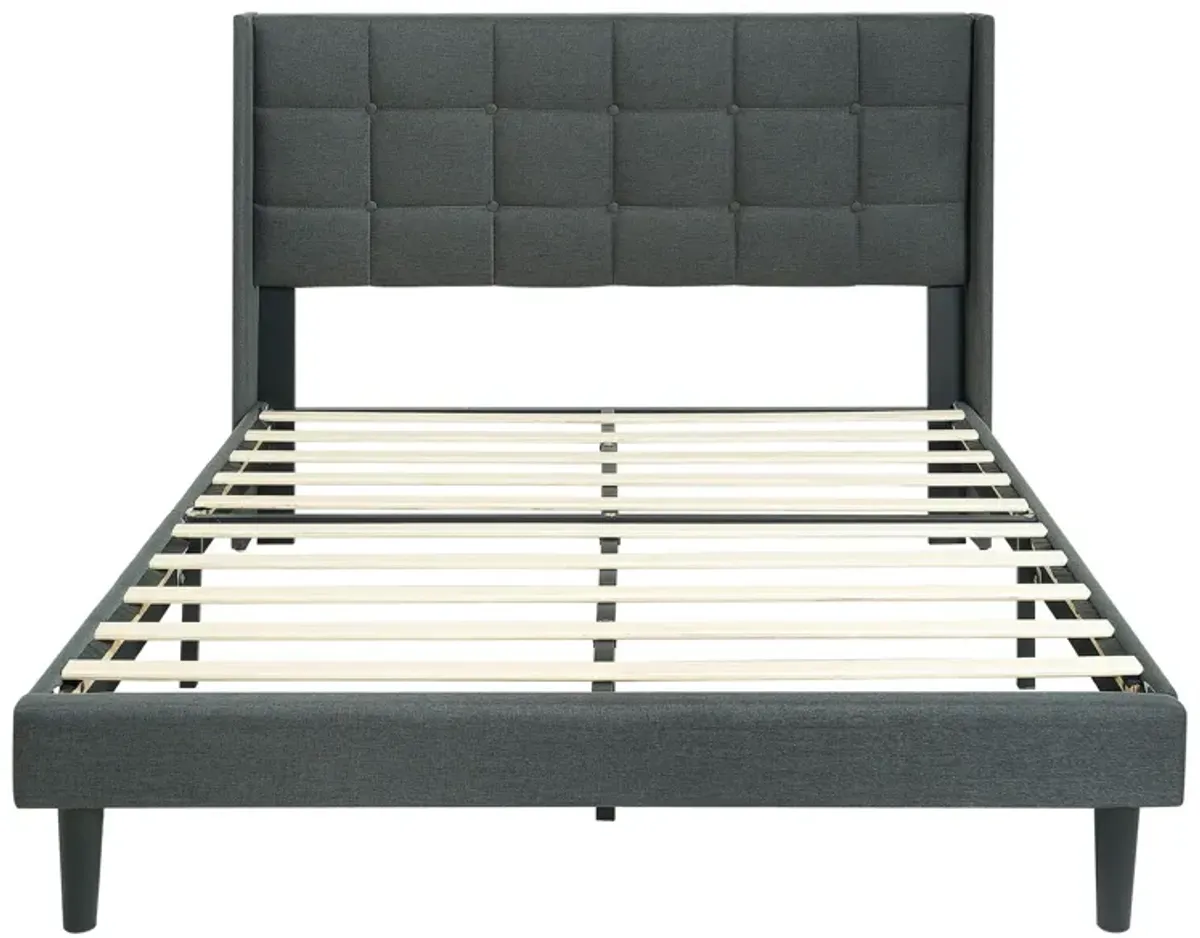 Queen Size Upholstered Platform Bed Frame With Button Tufted Linen Fabric Headboard - Dark Gray