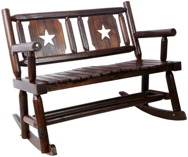 Rustic Outdoor Wood Rocking Bench Double Rocking Chair For 2 Persons With Curved Seat, Porch Rocker - Brown