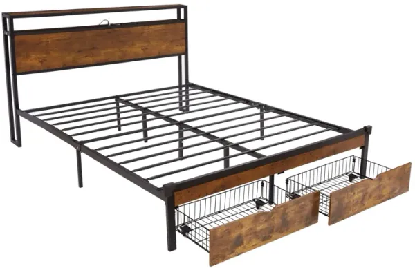 Modern Metal Platform Bed Frame With Wooden Headboard And Footboard, USB Charging Station, LED Lights, 2 Drawers