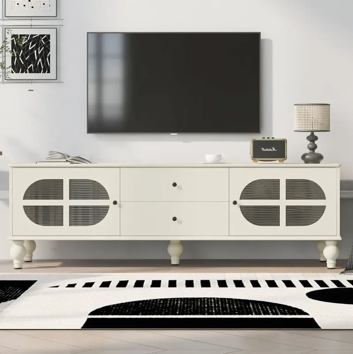 Modern TV Stand For TVs Up To 75" With Fluted Glass Doors