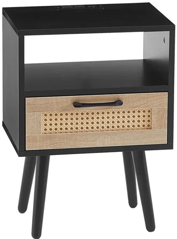 15.75" Rattan End Table With Power Outlet & USB Ports, Modern Nightstand With Drawer And Solid Wood Legs, Side Table For Living Room, Bedroom