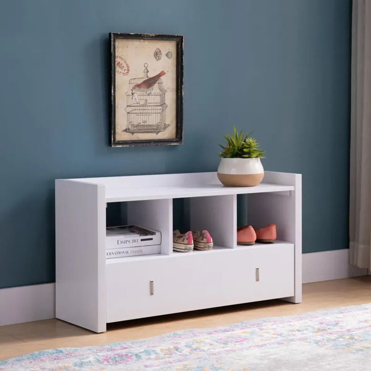 Shoe Entry Bench With Three Shelves, One Drawer With Divided Compartment