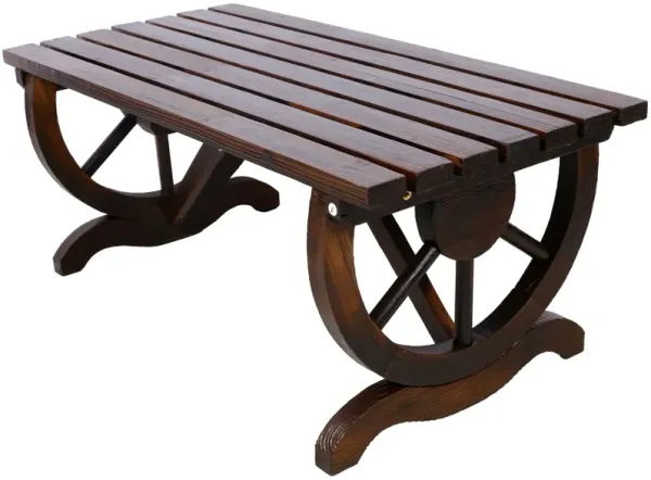 Rustic Wooden Bench With Wagon Wheel Legs For Garden And Patio - Brown