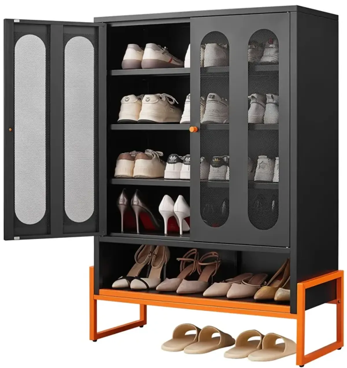Modern Metal Shoe Cabinet With DoublebSided Mesh Doors And Adjustable Partitions