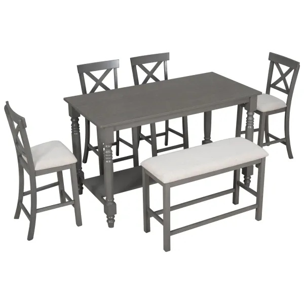 6 Piece Counter Height Dining Table Set With Shelf, 4 Chairs And Bench
