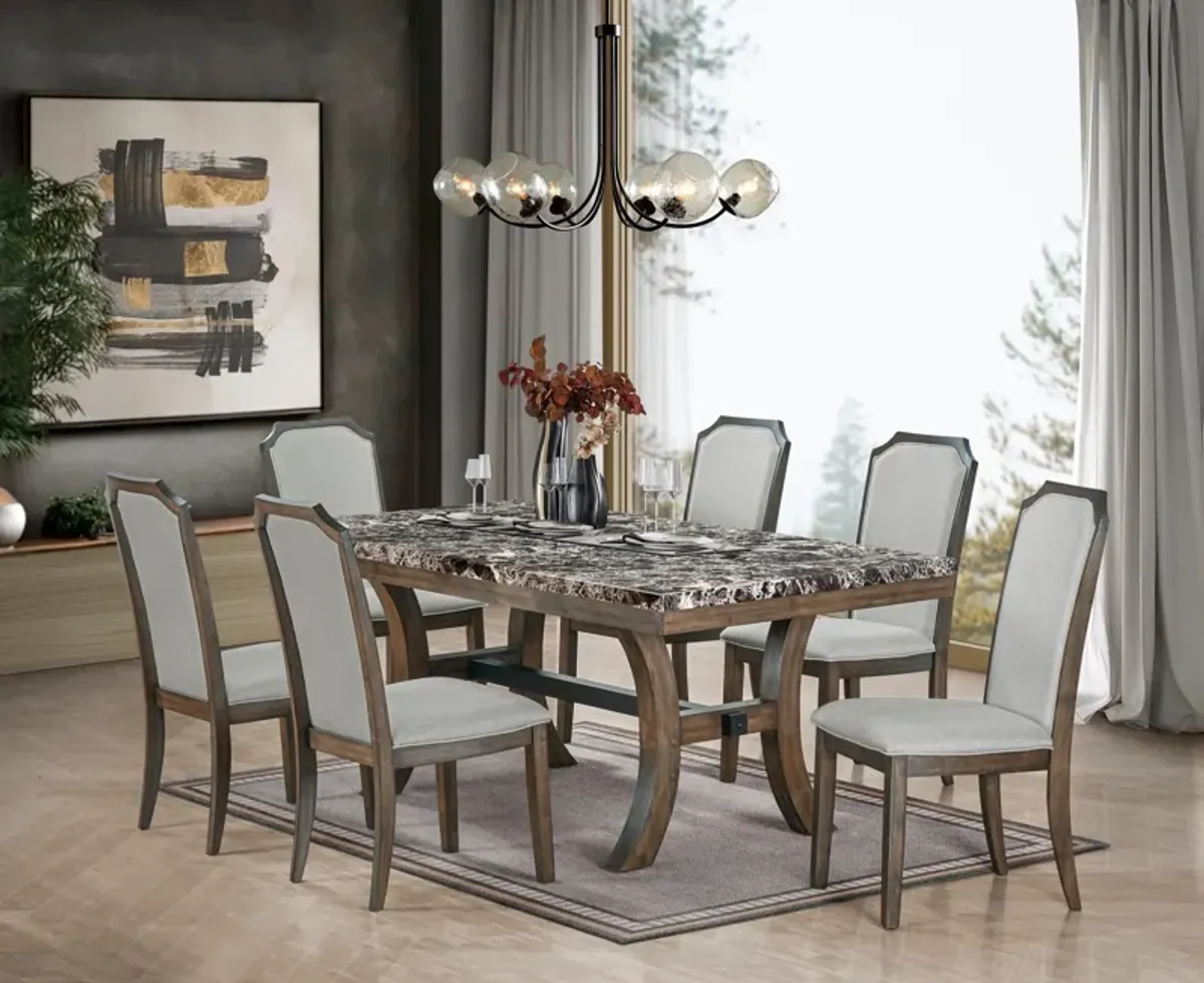 7 Piece Dining Set with Faux Marble Table Top and Upholstered Chairs