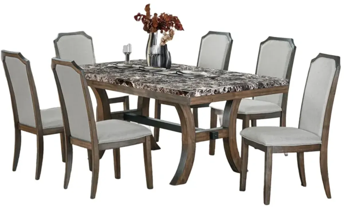 7 Piece Dining Set with Faux Marble Table Top and Upholstered Chairs