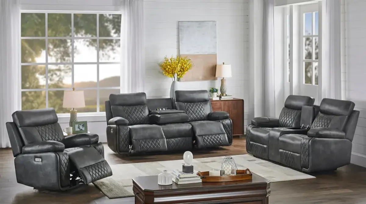 3 Piece Power Reclining Living Room Set with USB and Console in Gray