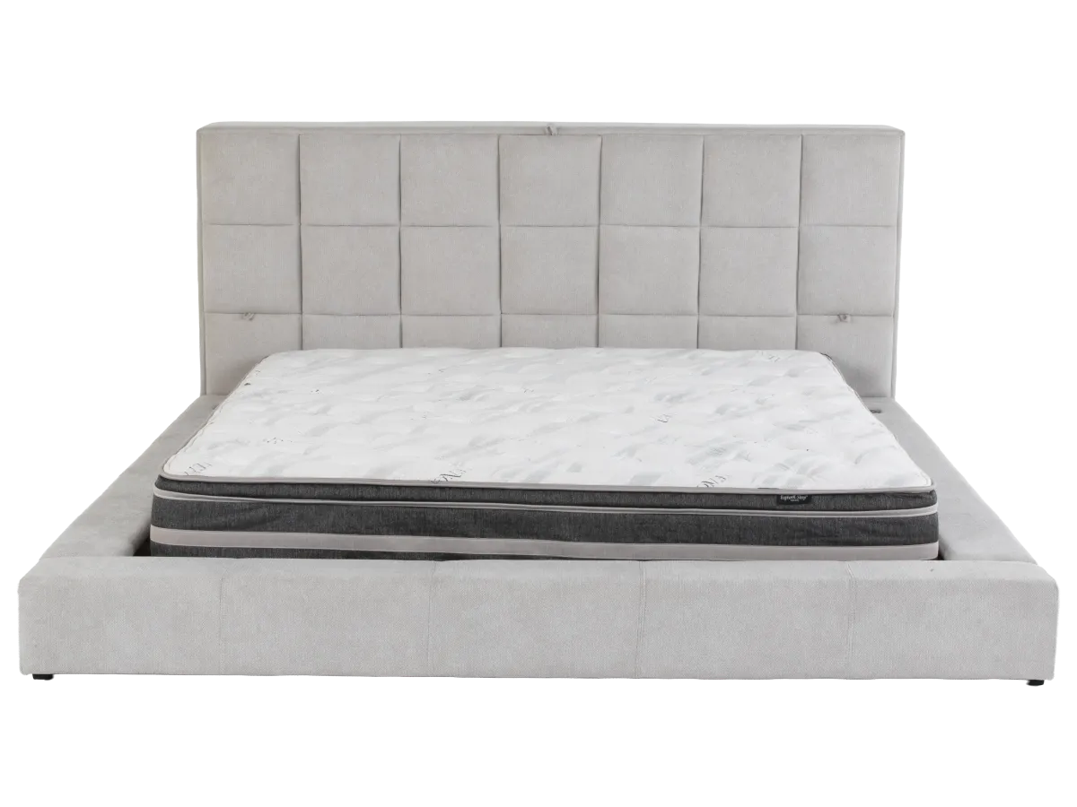 Modern Grey Upholstered Platform Bed with Storage Headboard, Wireless Charging & Speakers