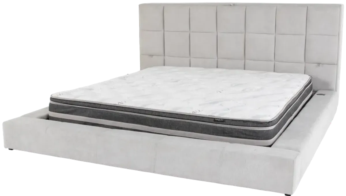 Modern Grey Upholstered Platform Bed with Storage Headboard, Wireless Charging & Speakers