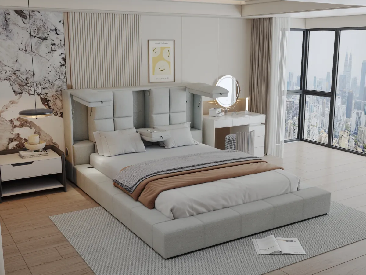 Modern Grey Upholstered Platform Bed with Storage Headboard, Wireless Charging & Speakers