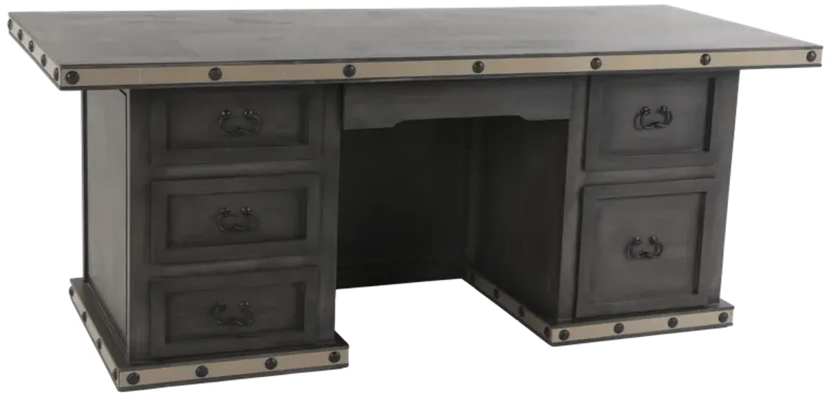 Industrial Gray Executive Desk with Metal Trim and Drawers