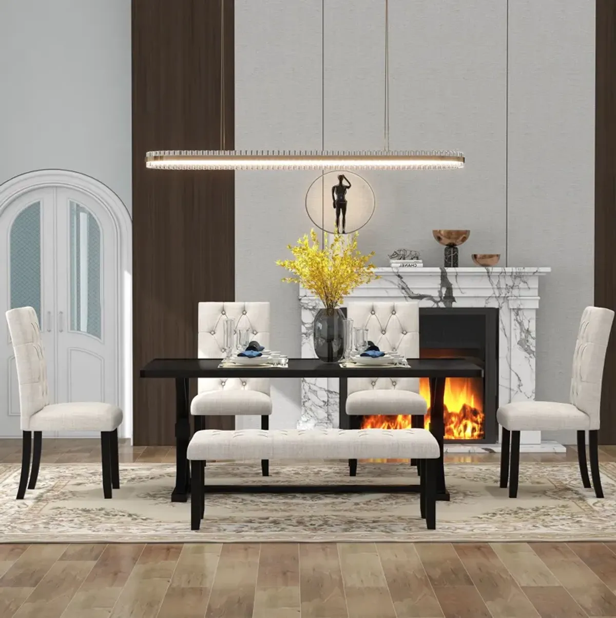 6 Piece Dining Table Set With Rectangular Wood Table, 4 Upholstered Chairs, Bench