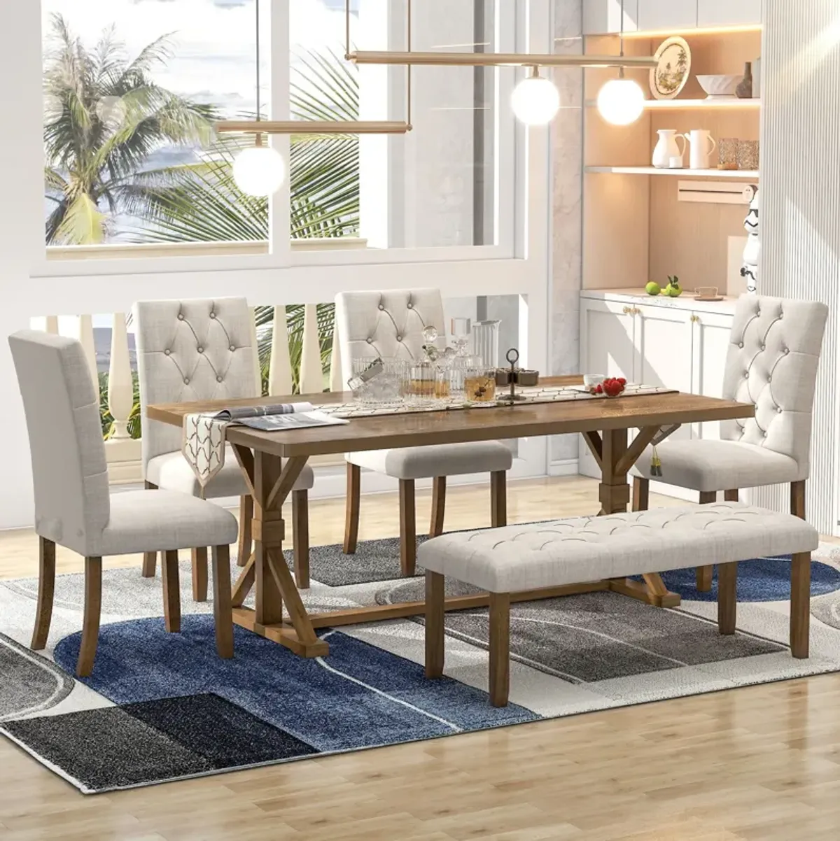 6 Piece Dining Table Set With Rectangular Wood Table, 4 Upholstered Chairs, Bench