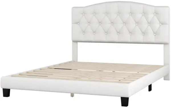 Queen Upholstered Platform Bed With Saddle Curved Headboard And Diamond Tufted Details - Beige