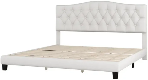 King Upholstered Platform Bed With Saddle Curved Headboard And Diamond Tufted Details - Beige