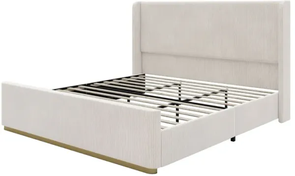 King Size Luxurious Corduroy Upholstered Bed Frame With Vertical Stripe Wingback Headboard And High Footboard - Light Gray