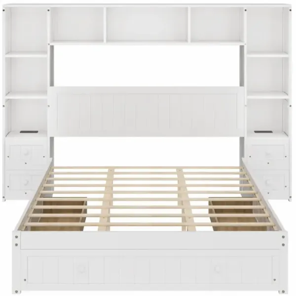 Platform Bed With All In One 2 Nightstand, Storage Shelf And Cabinet Bookcase With 2 Charging Stations
