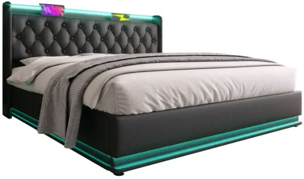 King Size Upholstered Bed, 360 Surround LED Function, Buttons / Apps / Remote Control, Hydraulic Storage Bed With USB Type-C Charging (Without Mattress) - Black