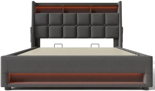 Queen Size Upholstered Platform Bed With A Hydraulic Storage System, LED And USB Charging (Without Mattress) - Gray