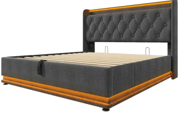 Full Size Upholstered Bed, 360 Surround LED Function, Buttons / Apps / Remote Control, Hydraulic Storage Bed With USB Type-C Charging (Without Mattress) - Gray