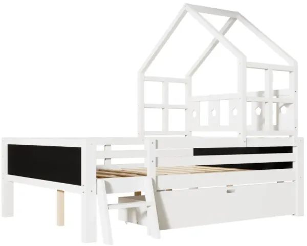 Full Size House Bed With Ladder And Storage Drawers Platform With Blackboard, No Box Spring - White