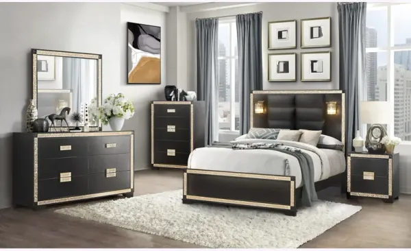 Lively - King 5 Pieces Bedroom Set With Glitter Detail And Padded Headboard With Lights - Black