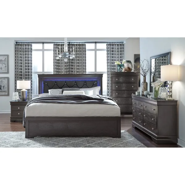 Shaker - King 5 Pieces Bedroom Set With Tufted Headboard And LED Lighting - Gray