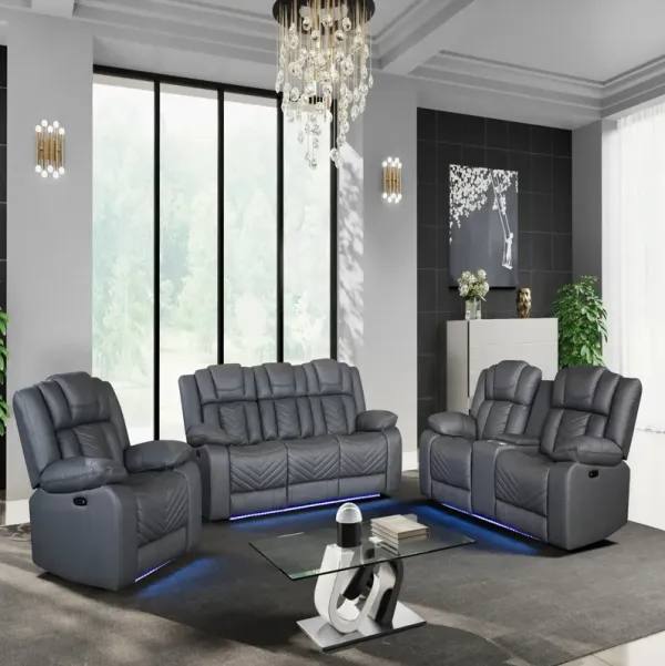 Raize - 3 Piece Power Living Room Set With Storage Console And Cup Holders - Gray