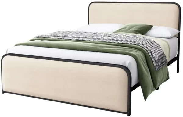 Modern Bed With Curved Upholstered Headboard And Footboard, Heavy Duty Metal Slats