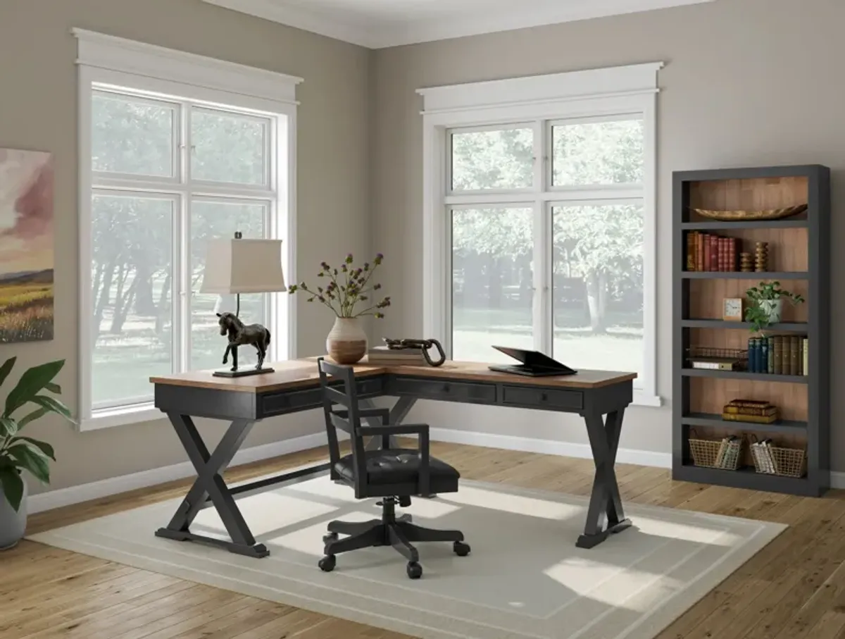 Wildenauer - Brown / Black - 4 Pc. - Home Office Desk And Return, Swivel Desk Chair, Bookcase