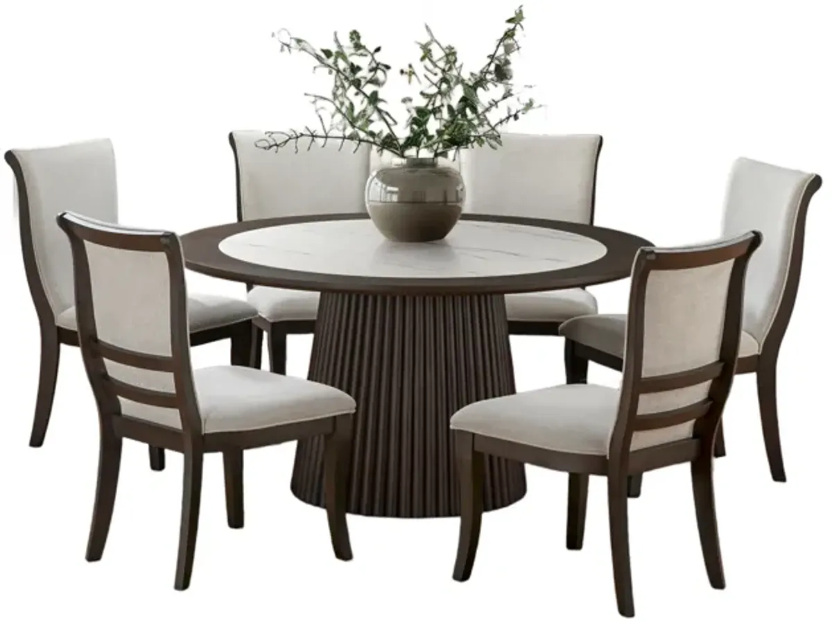 7 Piece Round Dining Table Set – Dark Walnut & Faux Marble