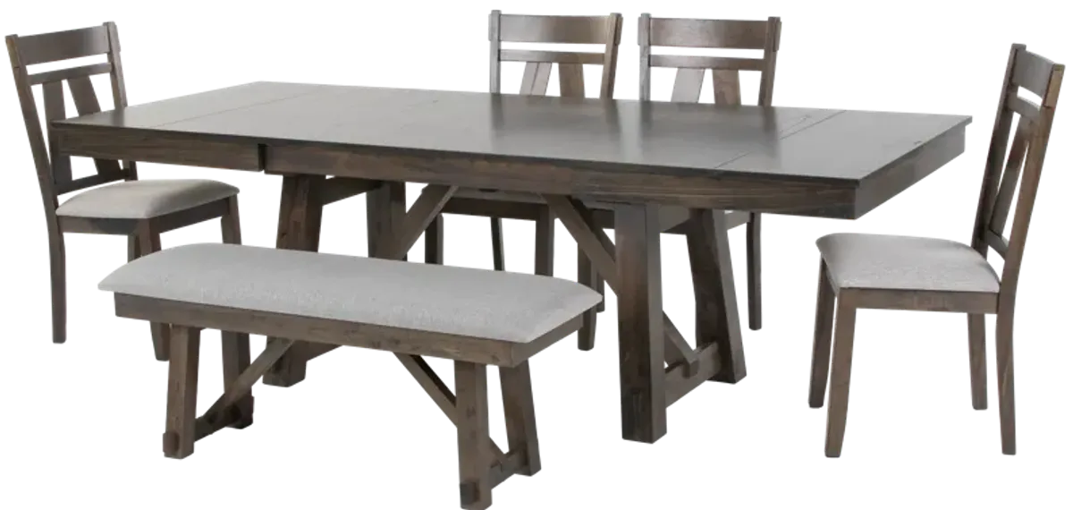 Rustic Trestle 6-Piece Dining Set with Extension Table, 4 Chairs & Bench – Dark Brown