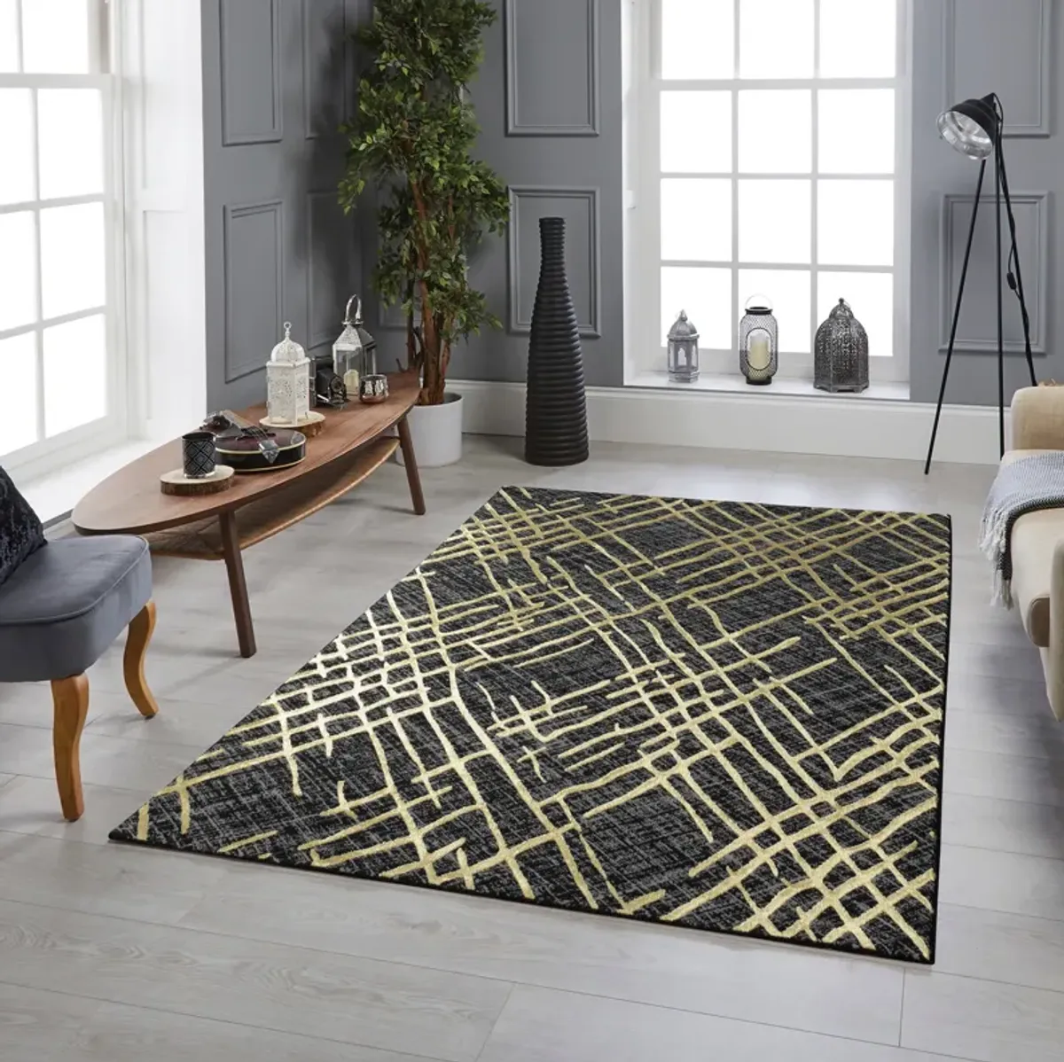 .Glow Black & Gold Geometric Area Rug 6'6" x 9'