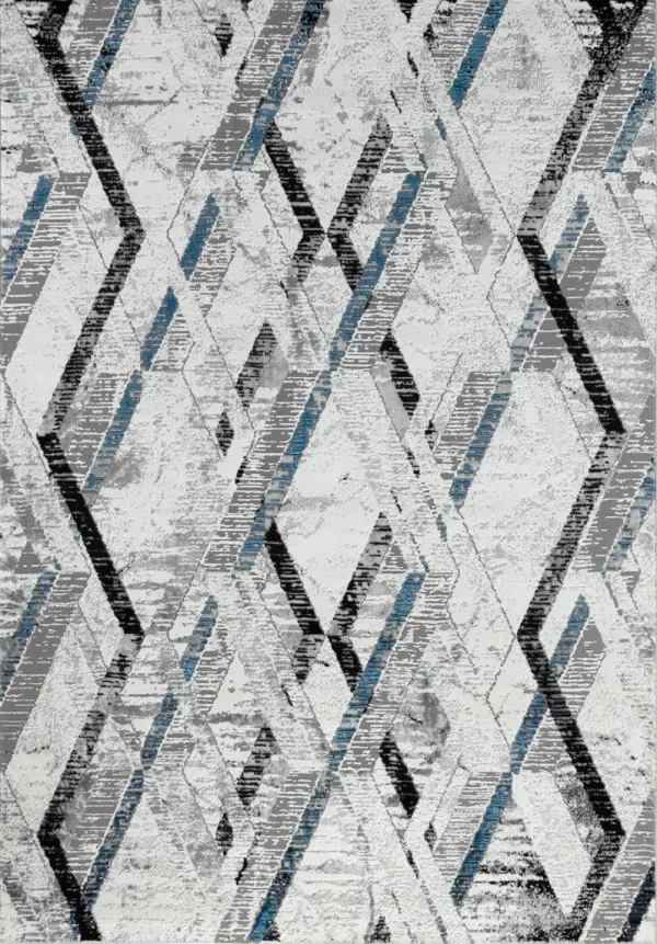 .Tyra Silver, Blue & Black Geometric Area Rug 6'6" x 9'