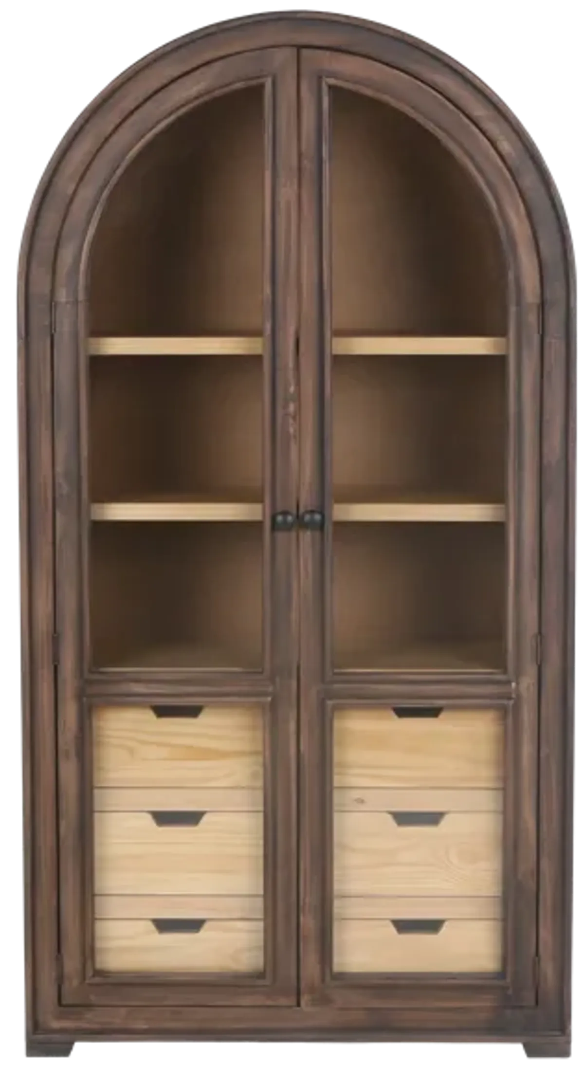 Rustic Brown Arched Glass Door Curio Cabinet with 6 Drawers