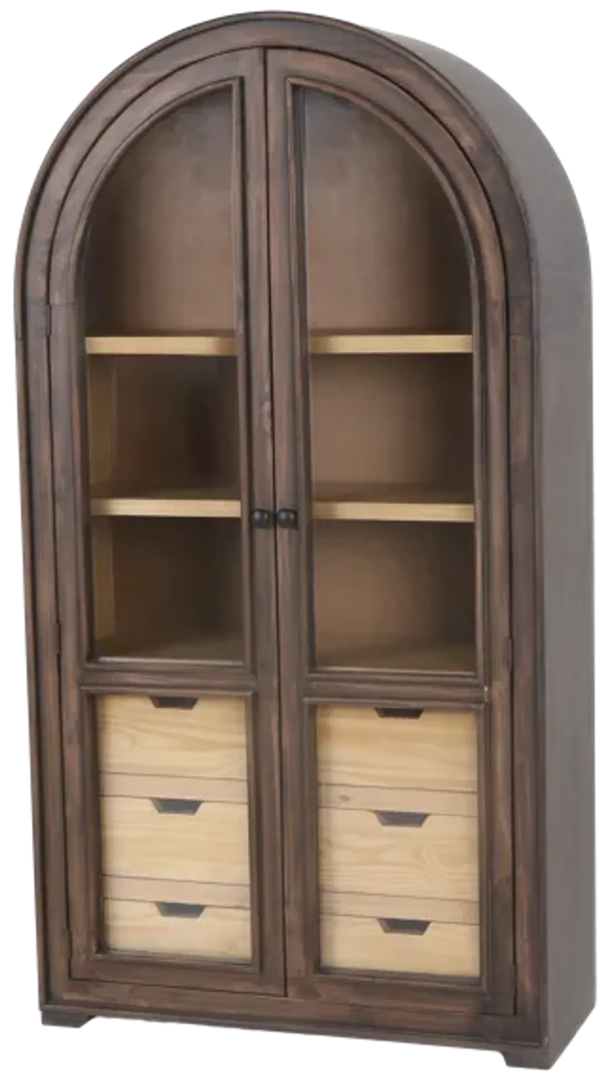 Rustic Brown Arched Glass Door Curio Cabinet with 6 Drawers
